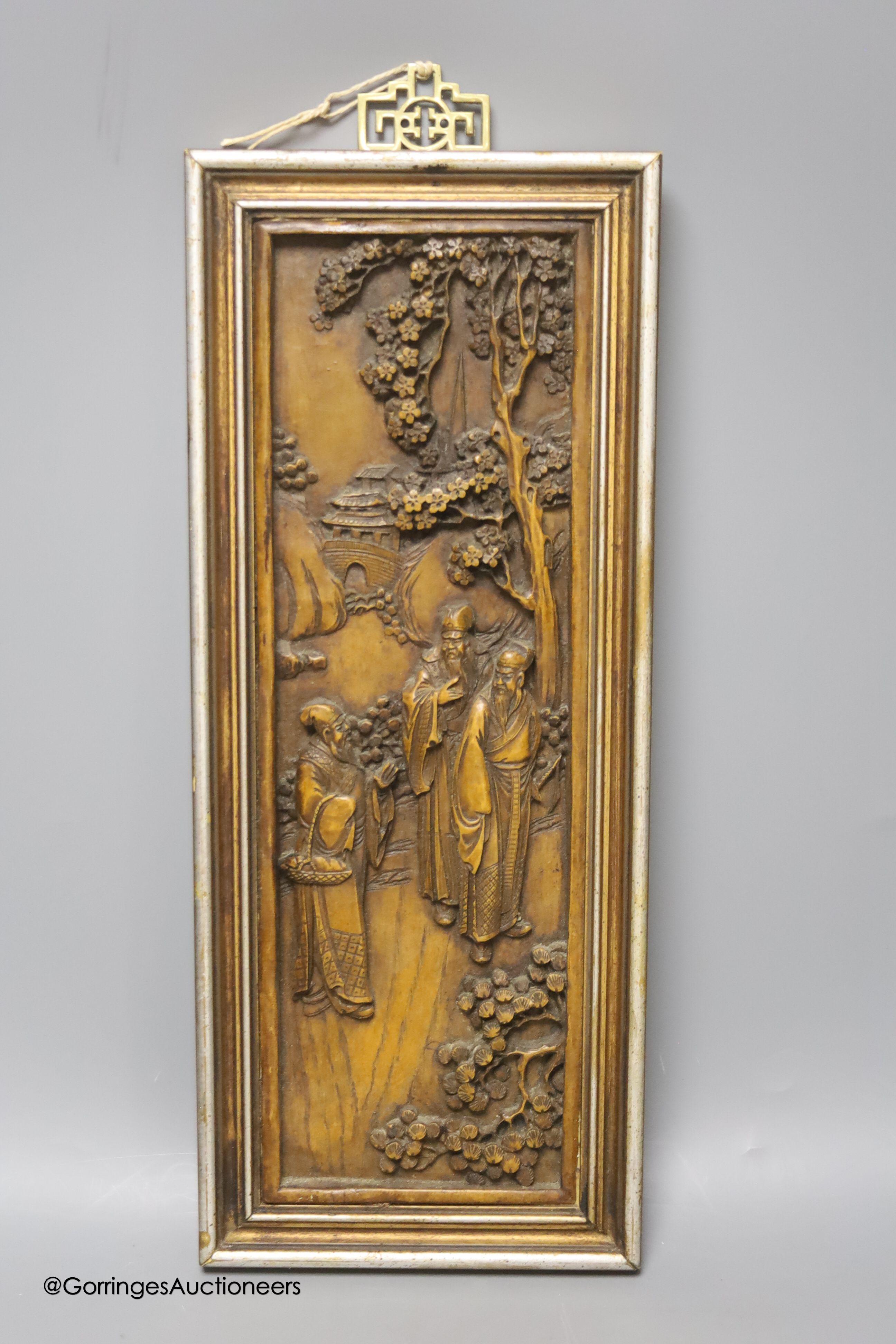 A Chinese figural composition panel, height 36cm width 12cm excluding frame